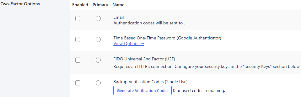 Two-Factor options choices screenshot