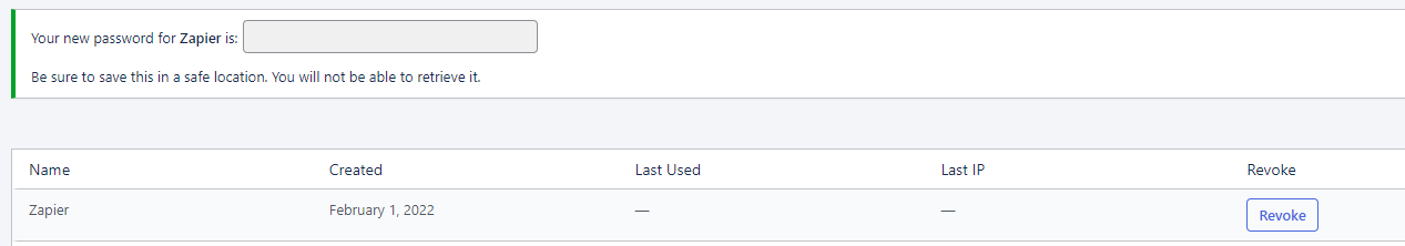 [[Screenshot of Application passwords response and password list]]