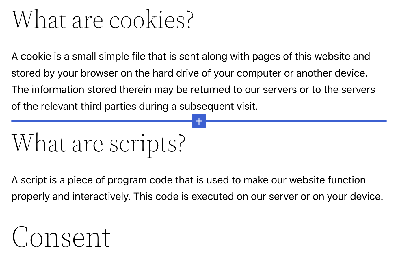 Screenshot of sample cookie policy text