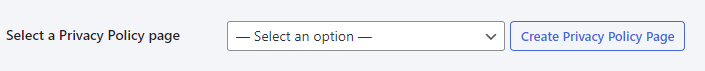 Screenshot of the select a privacy policy page dropdown and create button