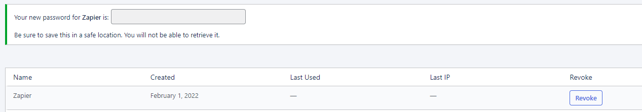 Screenshot of Application passwords response and password list