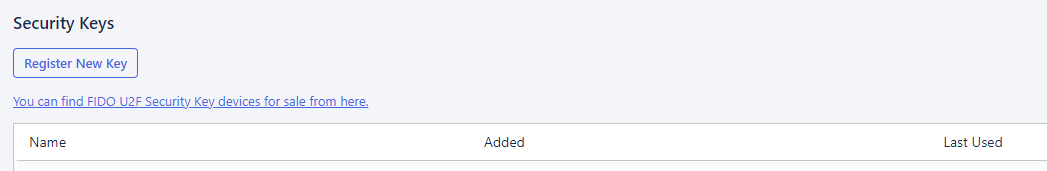 Screenshot of Security keys section with Register button 
